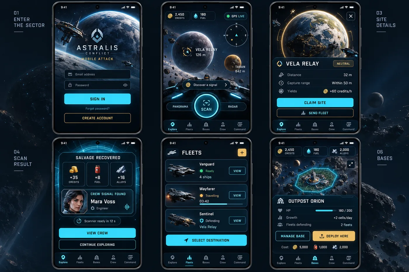 Concept art of Astralis Conflict: Mobile Attack screens — sign in, scan, site details, salvage, fleets and bases