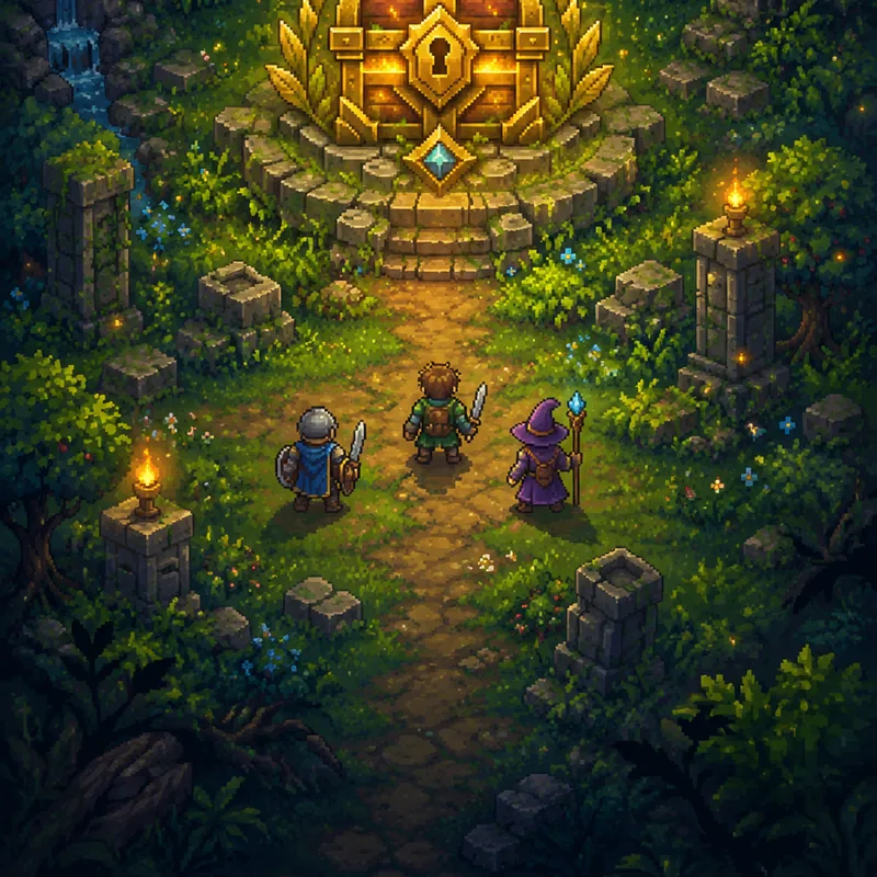 Pixel art: three adventurers approach a glowing golden chest in overgrown ruins