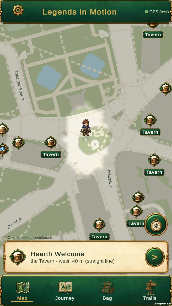 The fog-of-war map with nearby places and a quest