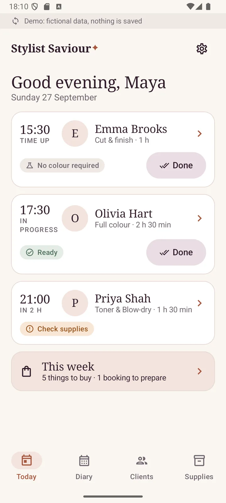 Today screen with upcoming appointments and colour readiness