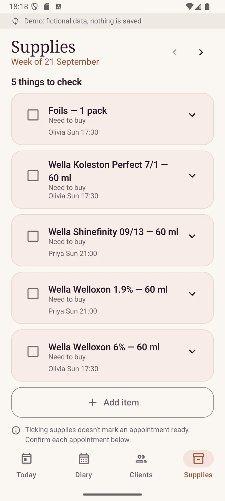 Weekly supplies list