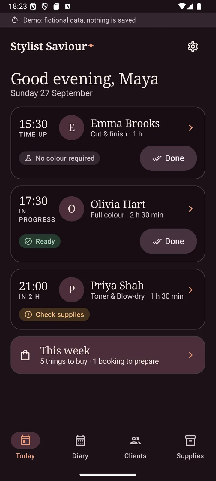 Today screen in dark mode