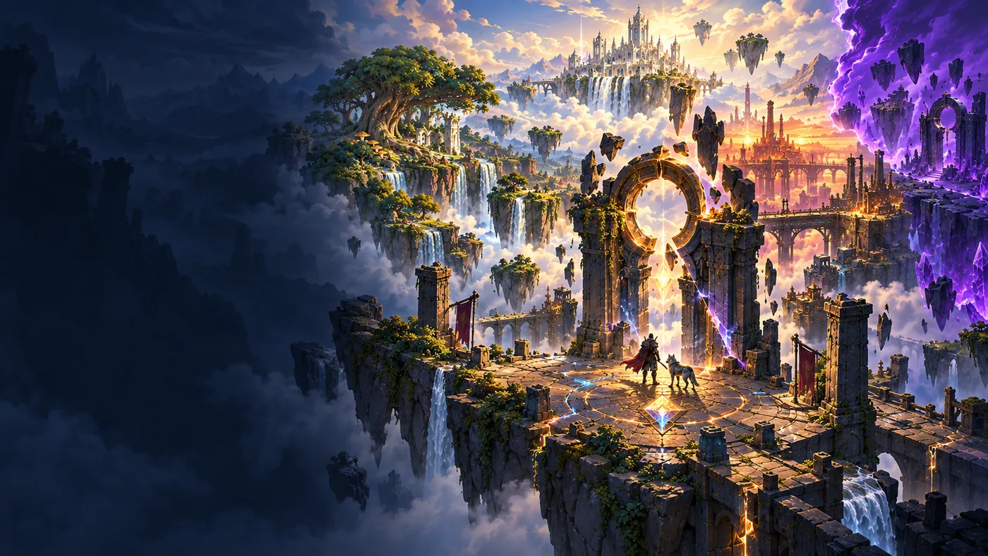 Key art: a hero and a wolf stand before a glowing gate on a floating cliff, with the fractured realms beyond